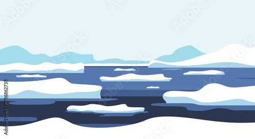 Arctic Ocean Landscape with Icebergs and Frozen Water.