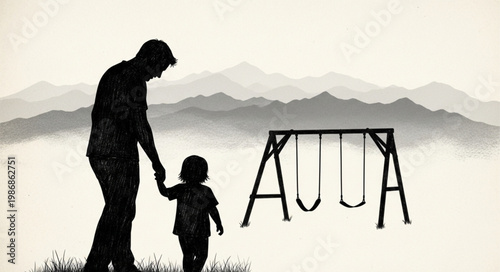 Silhouette of Parent and Child Holding Hands.