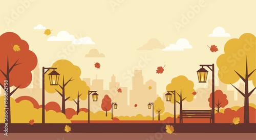 Autumn Park Landscape with Falling Leaves and City Skyline.