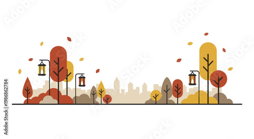 Autumn Park Landscape with Falling Leaves and Streetlights.