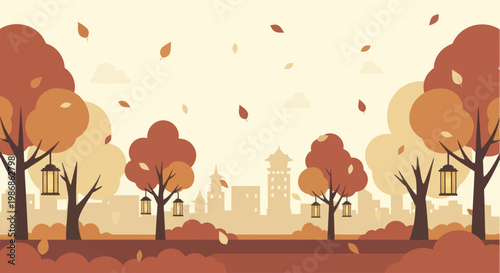Autumn Park Landscape with Falling Leaves and Trees.