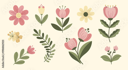 Beautiful collection of colorful spring flowers and green leaves.