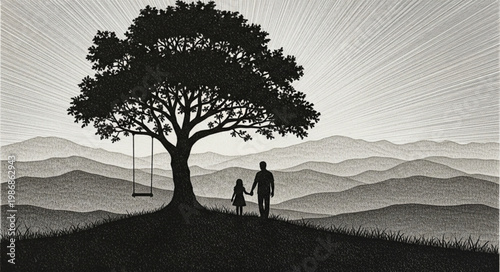 Silhouette of Parent and Child Holding Hands Under Tree Swing.