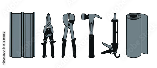 Construction Hand Tools Set with Roofing Equipment, Hammer, Tin Snips, Caulking Gun and Metal Flashing Roll for Professional Building Projects and DIY Renovation Work on White Background Isolated Vect