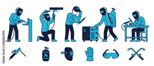 Welder professional set industrial icons, workers with welding equipment, torches, safety gear, and metal fabrication tools in flat vector style for engineering, construction, and manufacturing projec