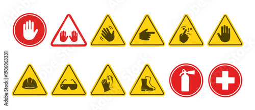 Safety Warning Signs Set, Construction Hazard Icons and Industrial Workplace Equipment Alerts for Health and Security Protocol, Vector Graphic Collection for Regulatory Compliance and Occupational Saf