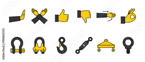 Hand Gestures and Industrial Rigging Equipment Icons Set for Construction and Logistics Safety Vector Illustrations of Hand Signals and Heavy Lifting Hardware Components Isolated on White Background