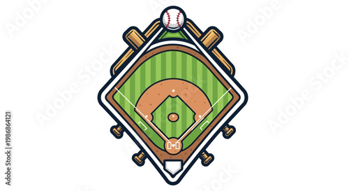 Baseball field diamond with crossed bats and ball emblem, on an isolated white background.