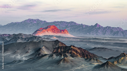 Foto Sunset light illuminating Yanzhi Mountain beyond the dark ridges of Heidu Mountain in Qinghai, China