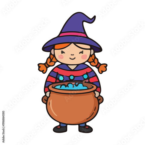 Cute Cartoon Witch Holding a Bubbling Potion Cauldron