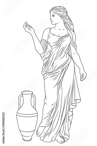 Ancient Greek woman goddess in tunic with a jug for wine and water. Figure isolated on white background