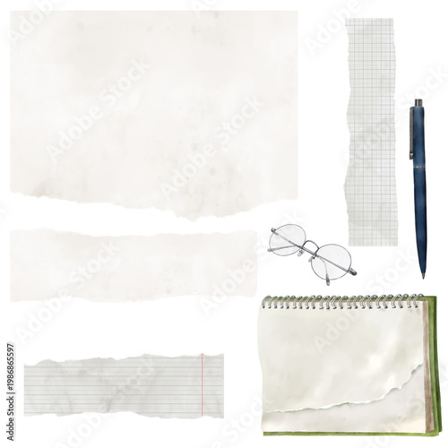 Sheets and strips of paper from school notebooks, with torn edges and pen. Watercolor illustration. A set of stationery, notebook with pages with crumpled edges and glasses, isolated on the background