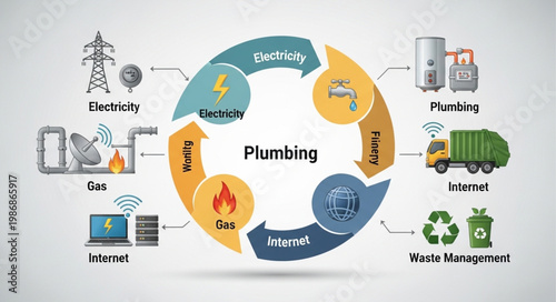 Plumbing services diagram showing interconnected utilities and services.