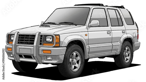White Off Road SUV Vector Illustration, Detailed 4x4 Vehicle, Rugged Adventure Car with Bull Bar and Roof Rack
