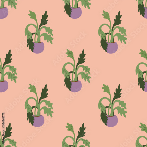 Seamless pattern with potted plants and green leaves. The composition is evenly spaced and designed as a true seamless tile, making it ideal for textile design, fabric, wallpaper and etc.