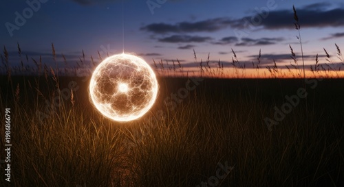Glowing sphere hovers above tall grass field at sunset