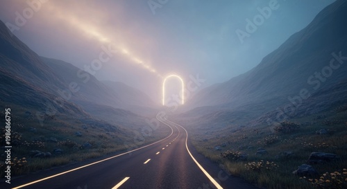 Winding road leads to glowing portal amidst serene, misty mountains