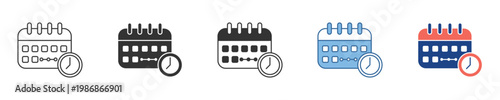 Modern calendar with clock icons in various styles for time management, event scheduling, appointment reminders, and deadline tracking in digital UI/UX designs