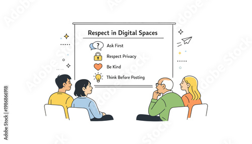 Respect in digital spaces illustration with people and informative poster