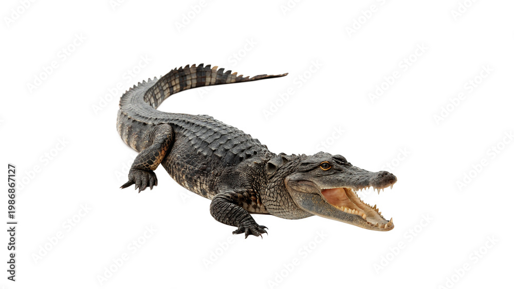 Fototapeta premium Crocodile showing its teeth while resting isolated on transparent background cut out 