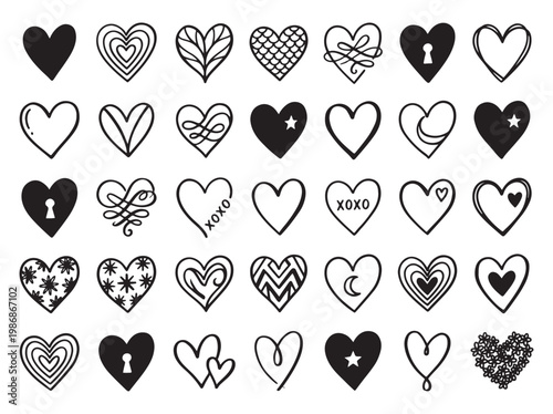 Creative Heart Doodle Set with Key, Lock, and Wing Icons