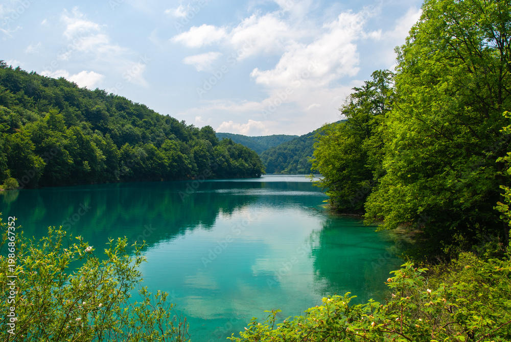 Ταπετσαρία Tranquil turquoise lake stretches between dense, green forests under partly cloudy sky, reflecting lush foliage and creating peaceful, natural atmosphere