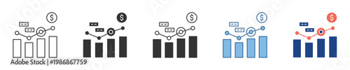 Illustrative vector icons depicting financial performance metrics, charting business growth, and analyzing economic trends for strategic investment planning and market insight