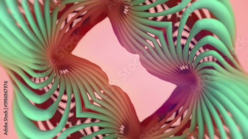 Seamless 4K 3D animation of futuristic biomorphic structures in coral and turquoise tones. Fluid cyclic motion of parametric forms. Aesthetic background for digital content and IT