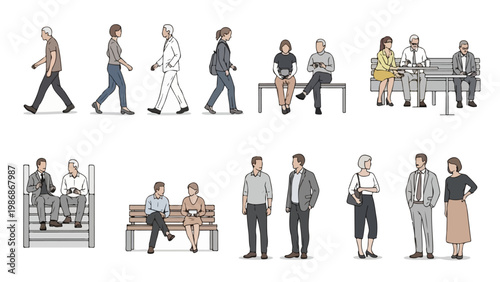 Urban People Line Art Vector Set with Walking and Sitting Characters, Bench Conversation and Waiting Scenes