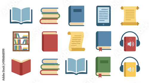 Colorful icons of books and headphones.