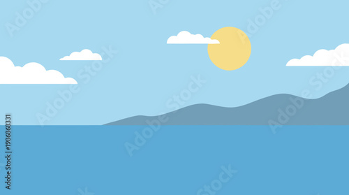 a serene landscape of ocean and mountains.