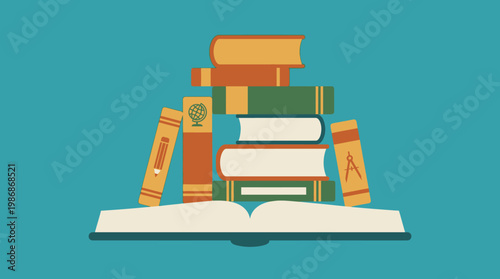 A stack of colorful books on a table.