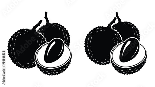 Two durian fruits one halved presented in a bold graphic silhouette