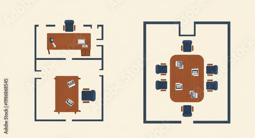 Office floor plan with two rooms and conference area.