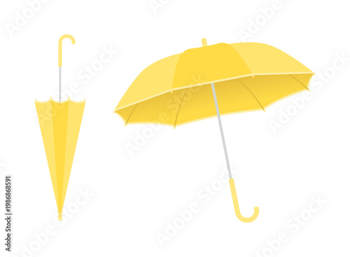 シンプルなイエローの傘のイラスト（開いた状態・閉じた状態セット）無地