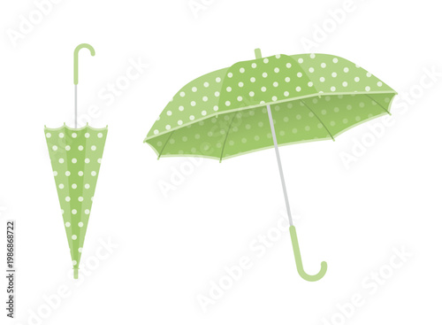 ミントグリーンの水玉模様の傘のイラスト（開いた状態・閉じた状態セット）