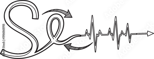 Doodle heart with arrows and electrocardiogram line with arrow, concept of love heartbeat.