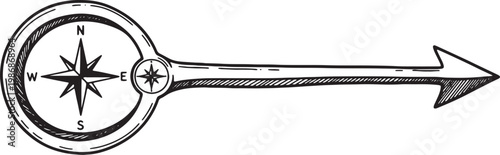 Detailed hand drawn compass rose with arrow pointer in vintage ink style on transparent background.