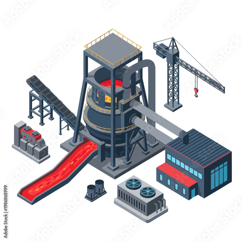 Isometric Steel Production Plant with Blast Furnace and Molten Metal.