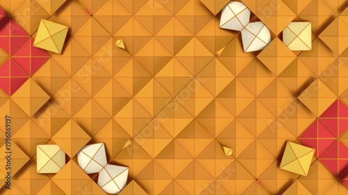 Abstract 3D animation featuring rhythmically moving 3D rhombuses in shades of amber, red, and turquoise. Seamless looping graphics with a surface transformation effect. Modern design background