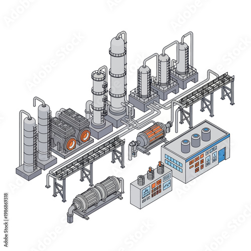 Isometric View of a Detailed Industrial Chemical Plant with Various Structures.