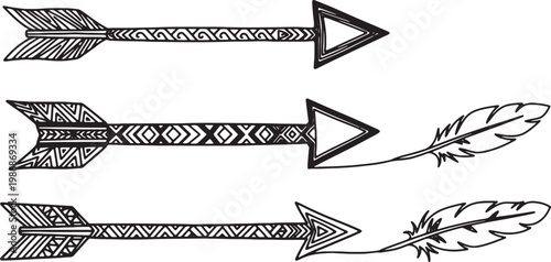 Set of ethnic style tribal arrows with decorative feathers and geometric patterns isolated on transparent background for creative bohemian projects.