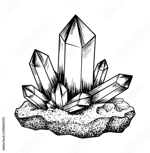 Detailed hand drawn black and white crystal cluster rock formation quartz geode