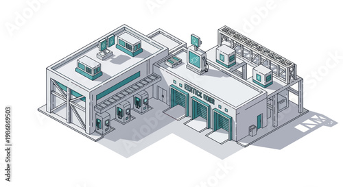 Isometric view of a modern industrial complex with multiple buildings.