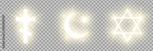 Shining gold Riligious symbols pack isolated on transparent background: Ortodox cross (Christianity), Crescent and star (Islam sign), Star of David (Judaism). Vector illustration