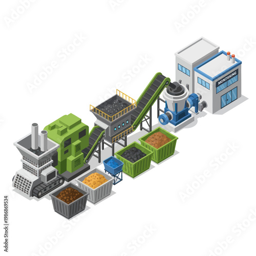 Isometric view of a modern industrial recycling plant processing waste materials.
