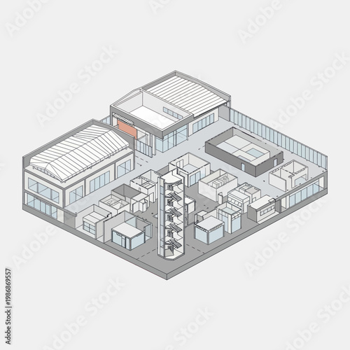 Isometric view of a modern industrial complex with warehouses and offices.