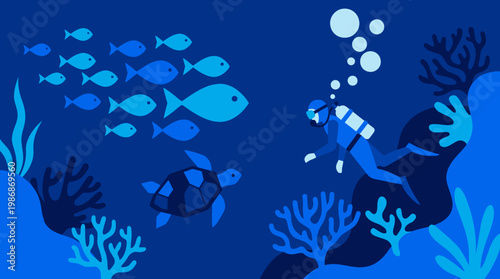 Diver exploring vibrant underwater coral reef ecosystem with marine life.