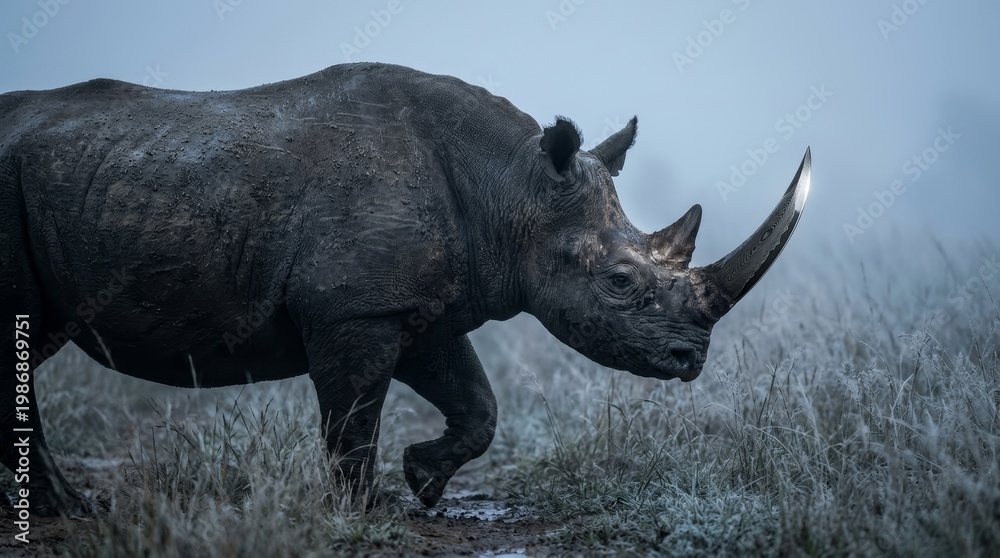 Obraz premium Black rhinoceros with blade horn emerging from mist dramatic wildlife fantasy concept