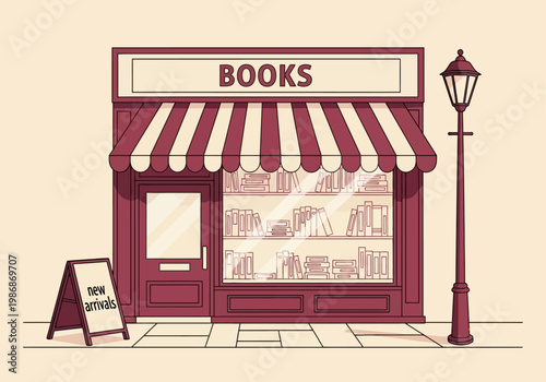 Charming Vintage Bookstore Facade Illustration with Striped Awning and Street Lamp